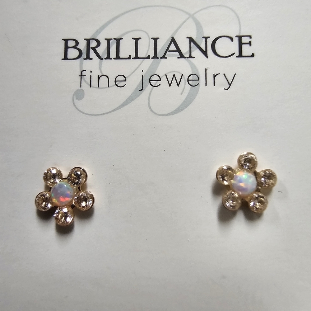 Brilliance Fine Jelwery Girls 14KT Yellow Gold CZ Opal And Flower Studd Earrings